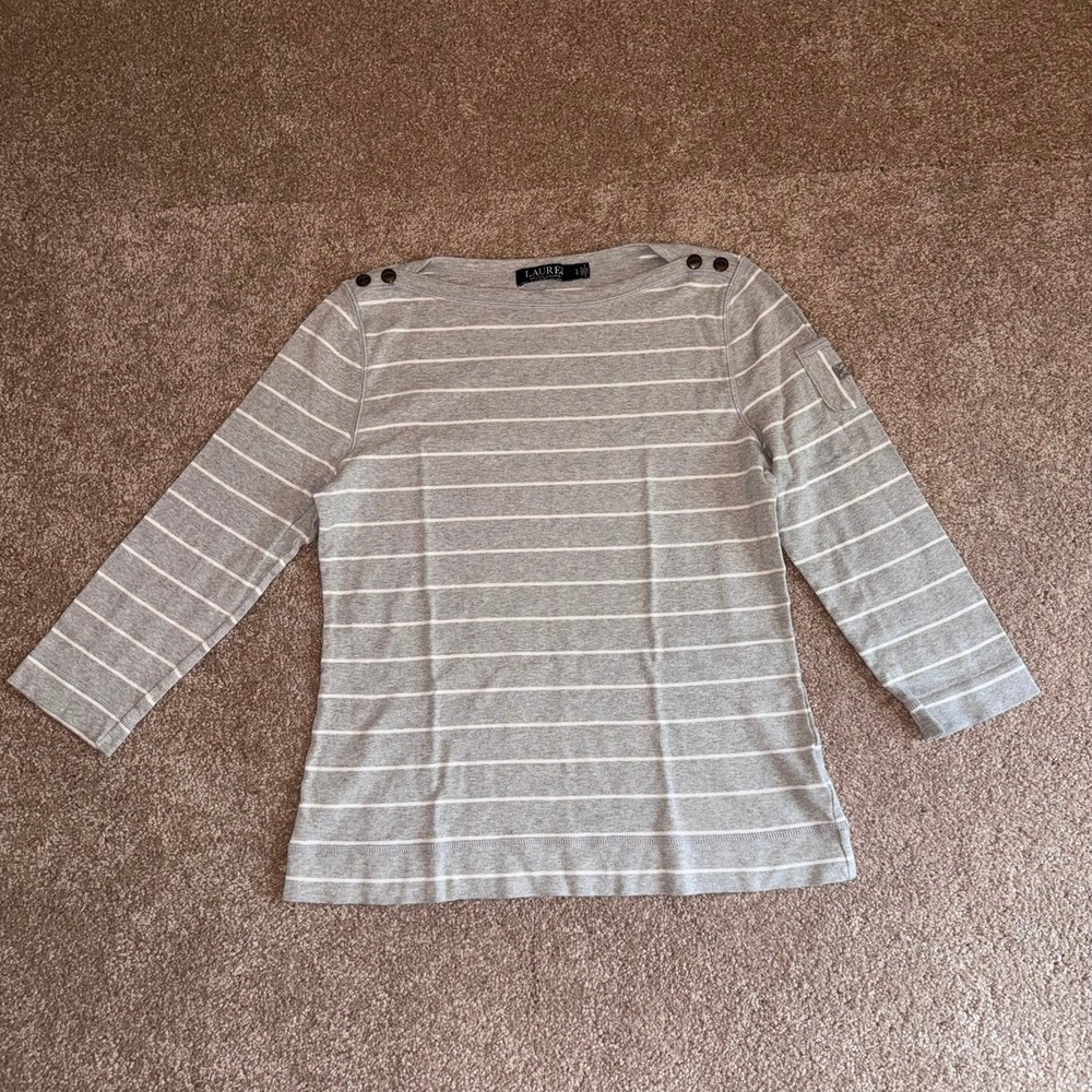Lauren Ralph Lauren Gray & White Striped Boatneck Long Sleeve Tee